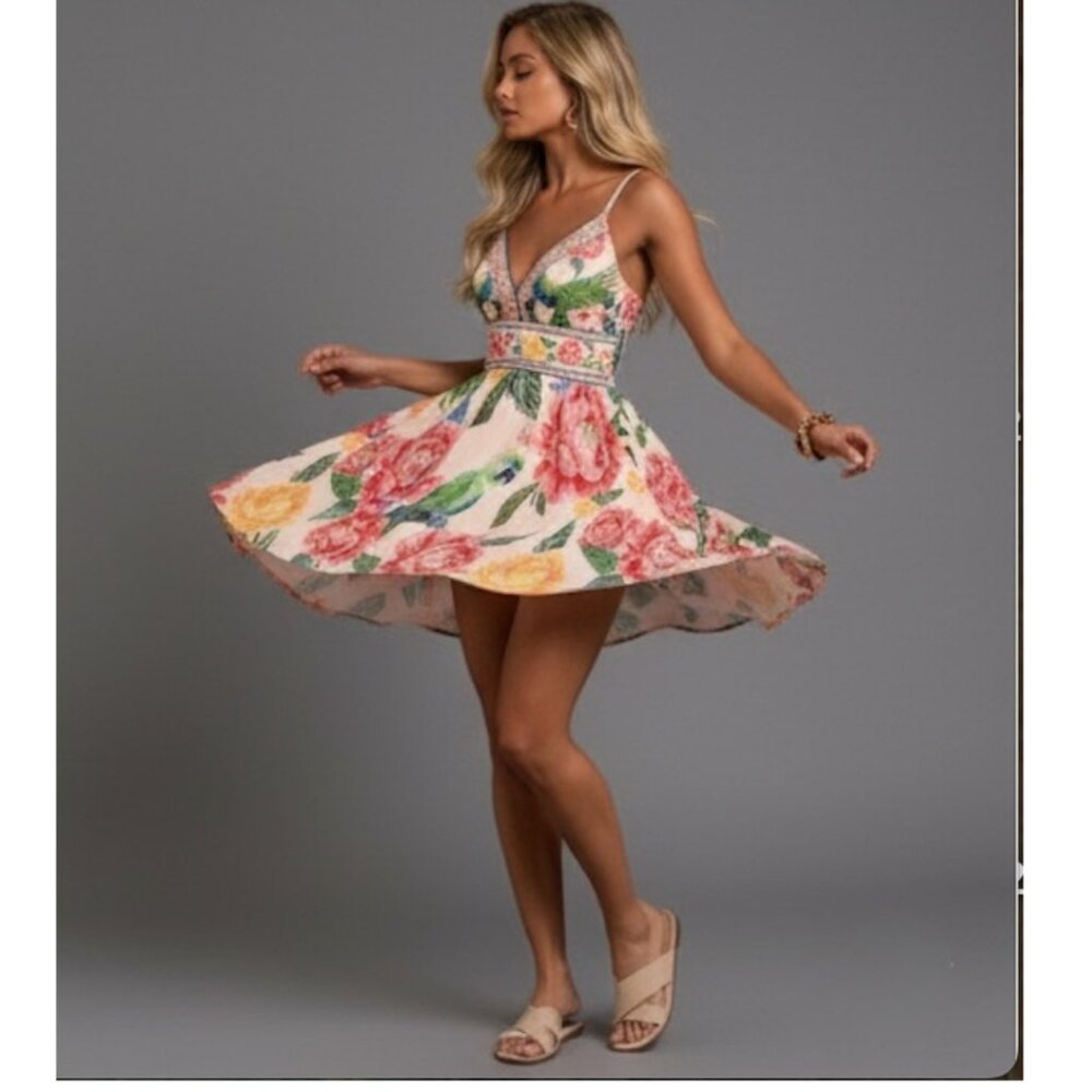 Boho Floral Print V-Neck Mini Dress - Picture 4 of 9